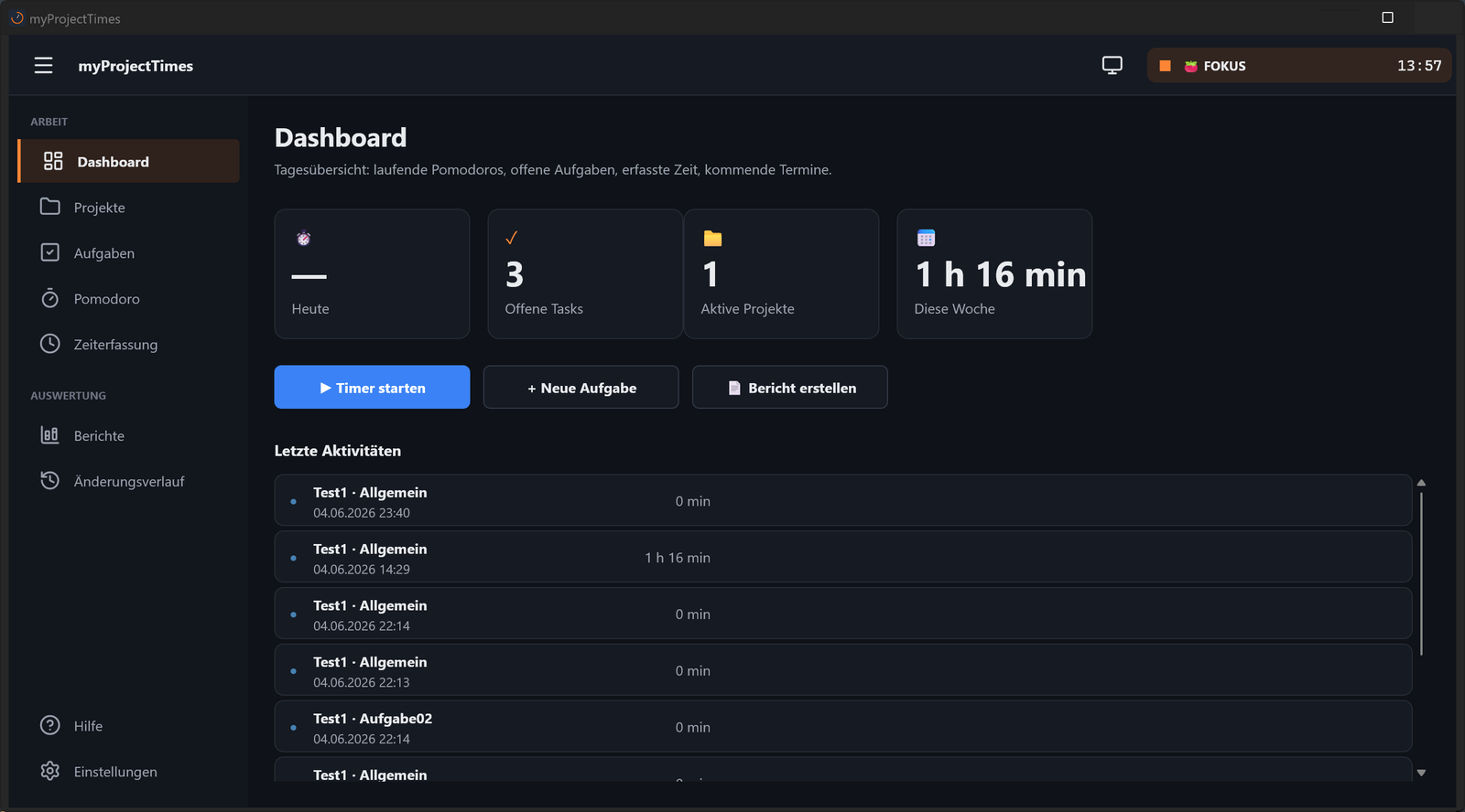myProjectTimes: Dashboard mit Tagesübersicht – laufende Pomodoros, offene Aufgaben, aktive Projekte, erfasste Zeit der Woche und die letzten Aktivitäten